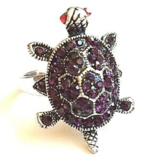 Silver Sea Turtle Ring Size 9 Purple Crystal Nautical Plated Island Beach Cute - Picture 2 of 8
